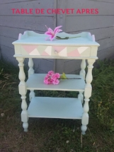 table de chevet peinte avec des couleurs poudrées, vert tendre,blanc et rose