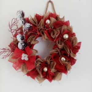 Couronne toile de jute rouge et couleur naturel avec décoration thème hiver